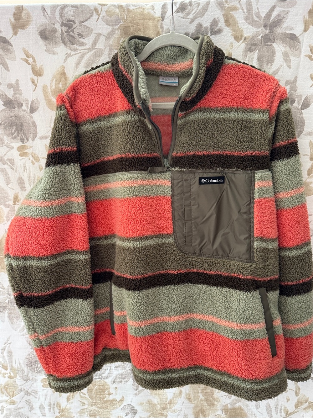Columbia Coral, Olive & Brown Striped Sherpa Half-Zip Pullover